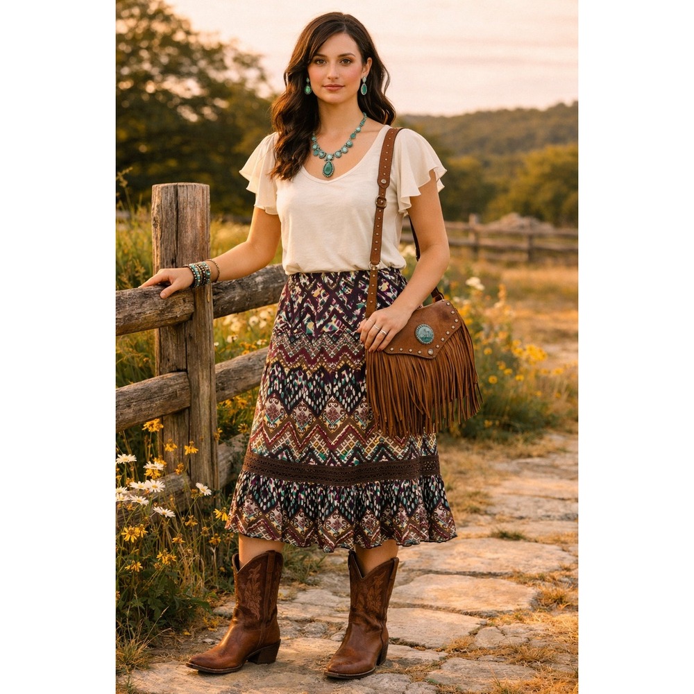 Harold's Silk Tiered Midi Skirt Women 2 Brown Western Boho‎ Artsy Crochet Trim